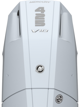 Mercury 425 V10 outboard engine with white cowling and badging shown from above
