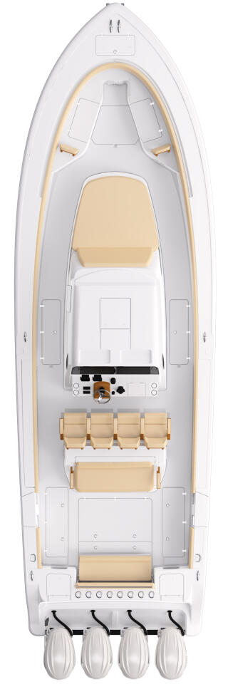 Overhead view of a center console boat showing helm, seating, storage, and cabin layout with tan and white upholstery