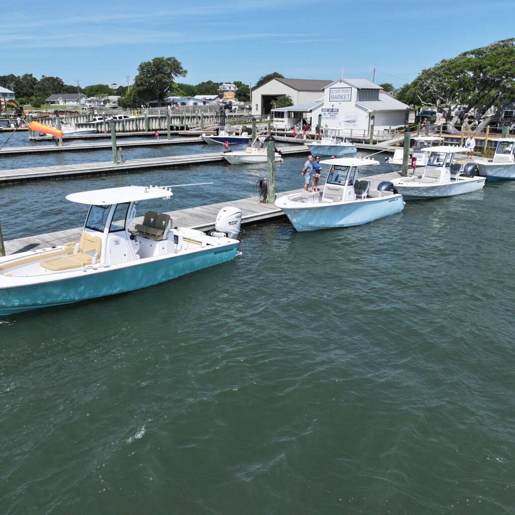 Moored fishing boats with white and turquoise hulls at a busy marina with dockside buildings and green trees