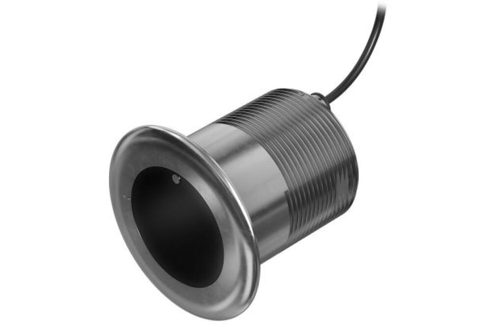 Stainless steel through-hull sonar transducer with threaded barrel and attached power cable