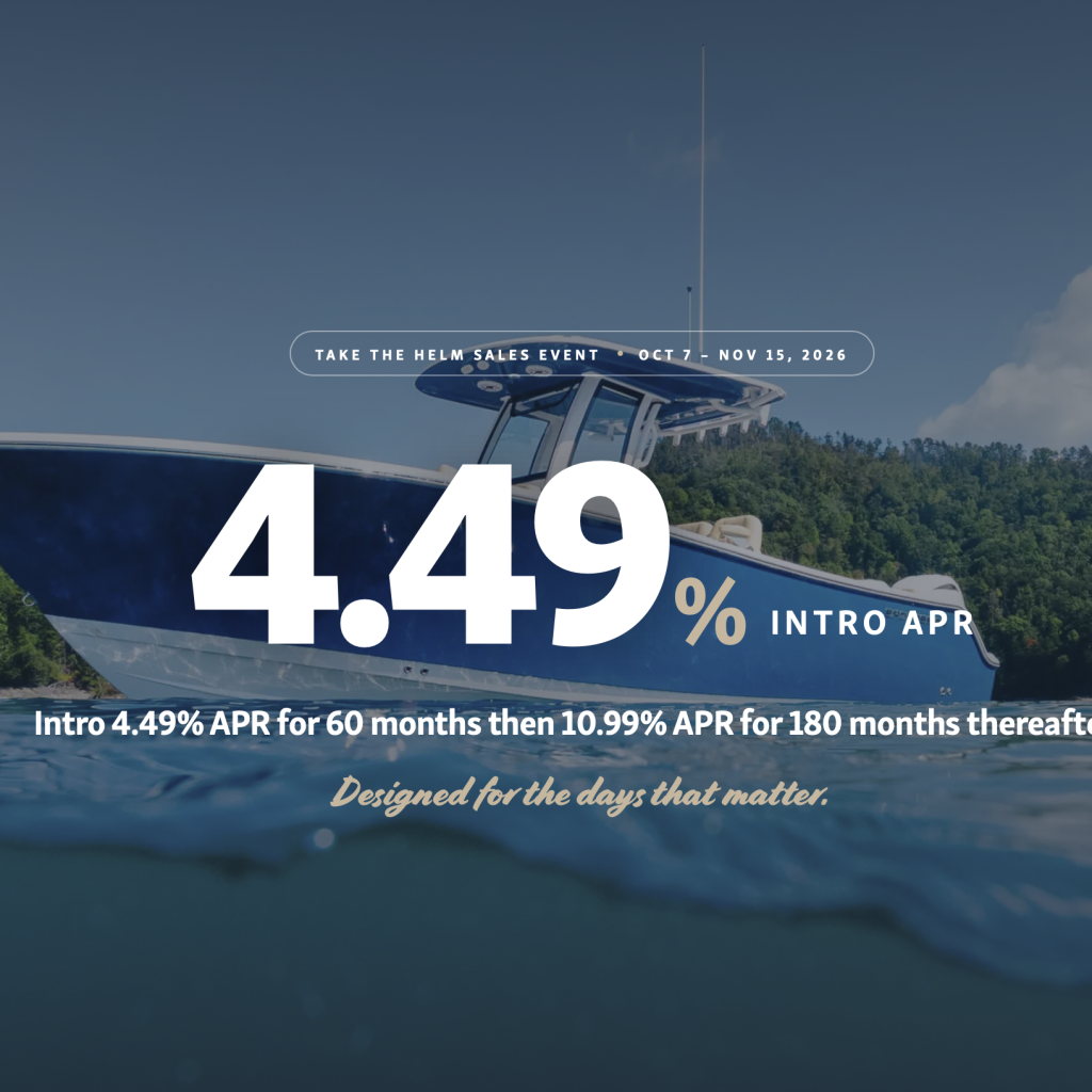 Center console fishing boat anchored in calm water with forested shoreline, promoting 4.49% intro APR financing offer