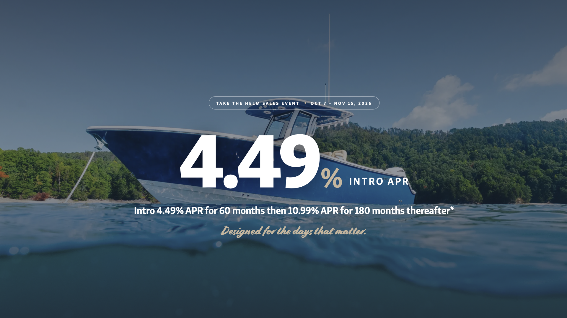 Center console fishing boat anchored in calm water with forested shoreline, promoting 4.49% intro APR financing offer