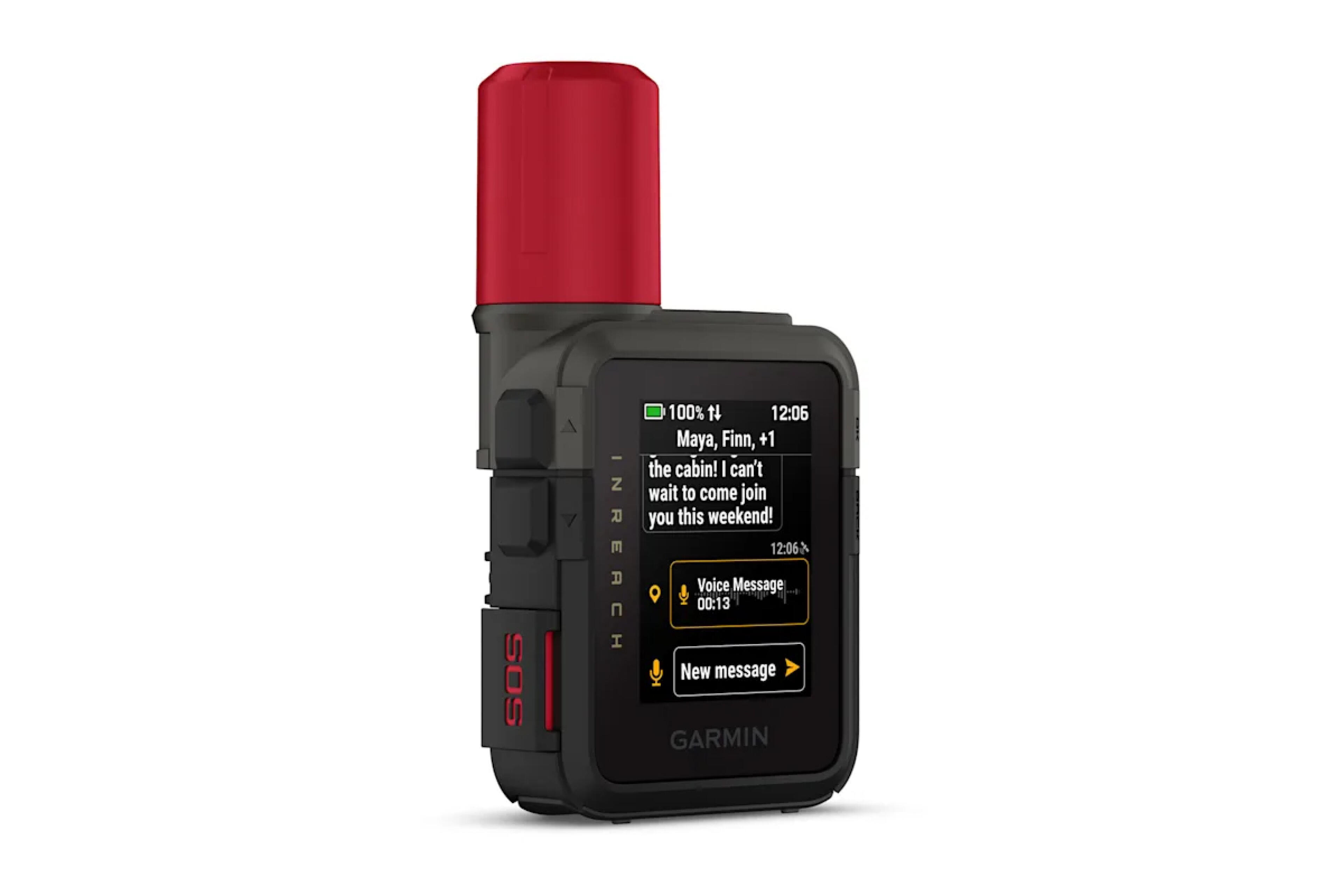 Garmin inReach SOS device with red antenna displaying text messages and voice message notification on black screen