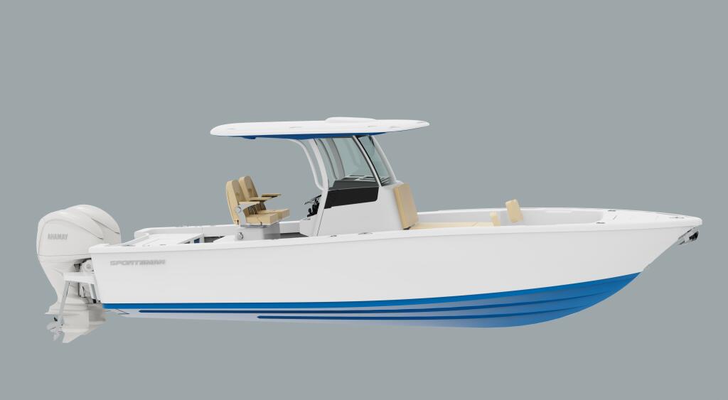 White and blue center console fishing boat with hardtop shade, helm seating, and outboard engine shown in profile view