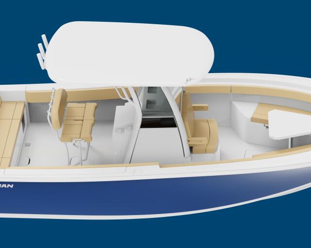Overhead view of a Sportsman center console boat with tan seating, white hull, and blue stripe against blue background