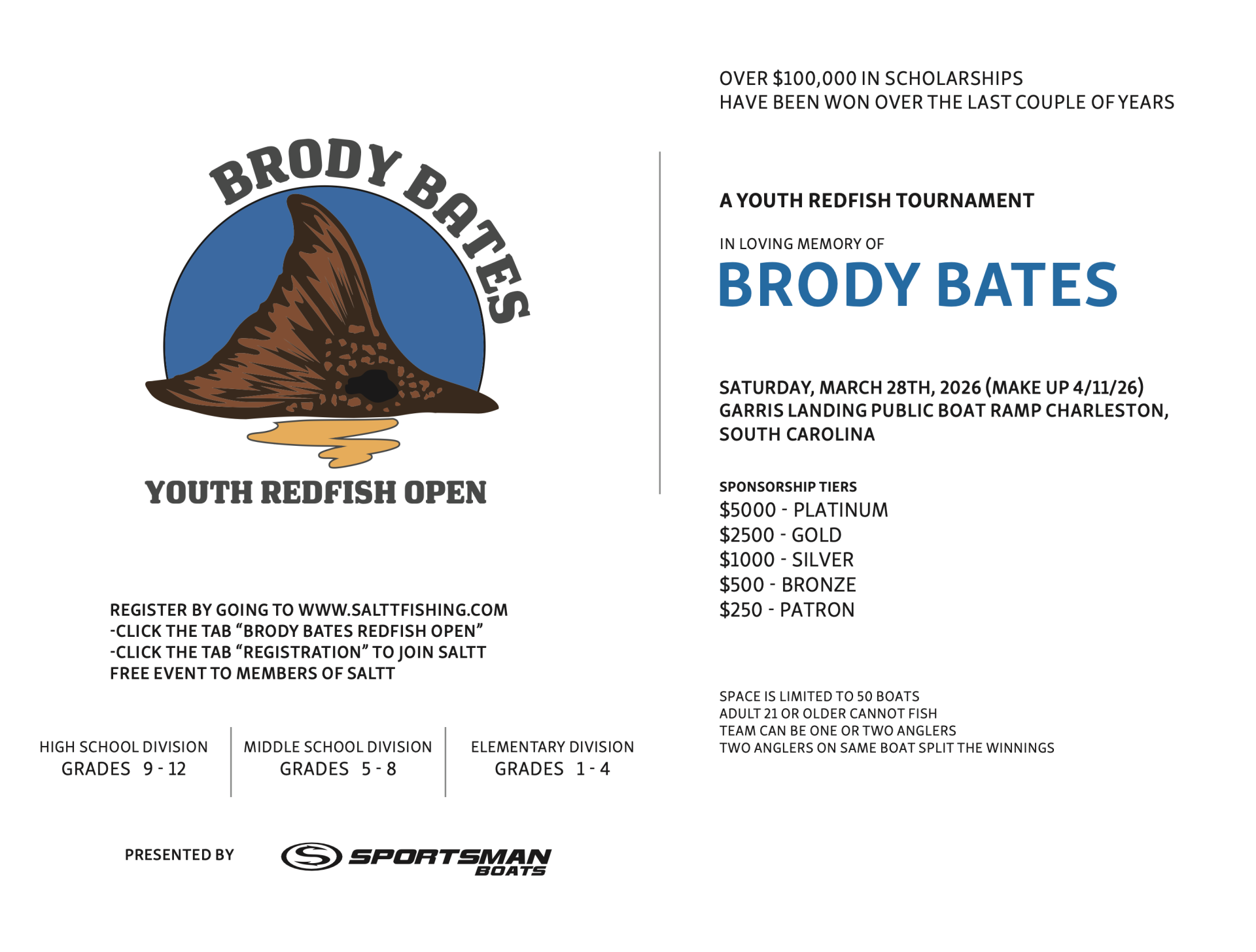 Brody Bates Youth Redfish Open tournament flyer advertising youth fishing competition in Charleston, South Carolina on March 28, 2026