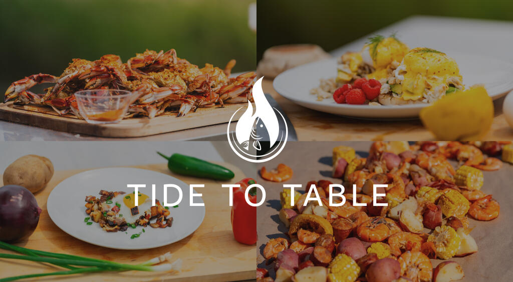 Fresh seafood and produce dishes featuring crabs, corn, and potatoes arranged on plates with Tide to Table branding