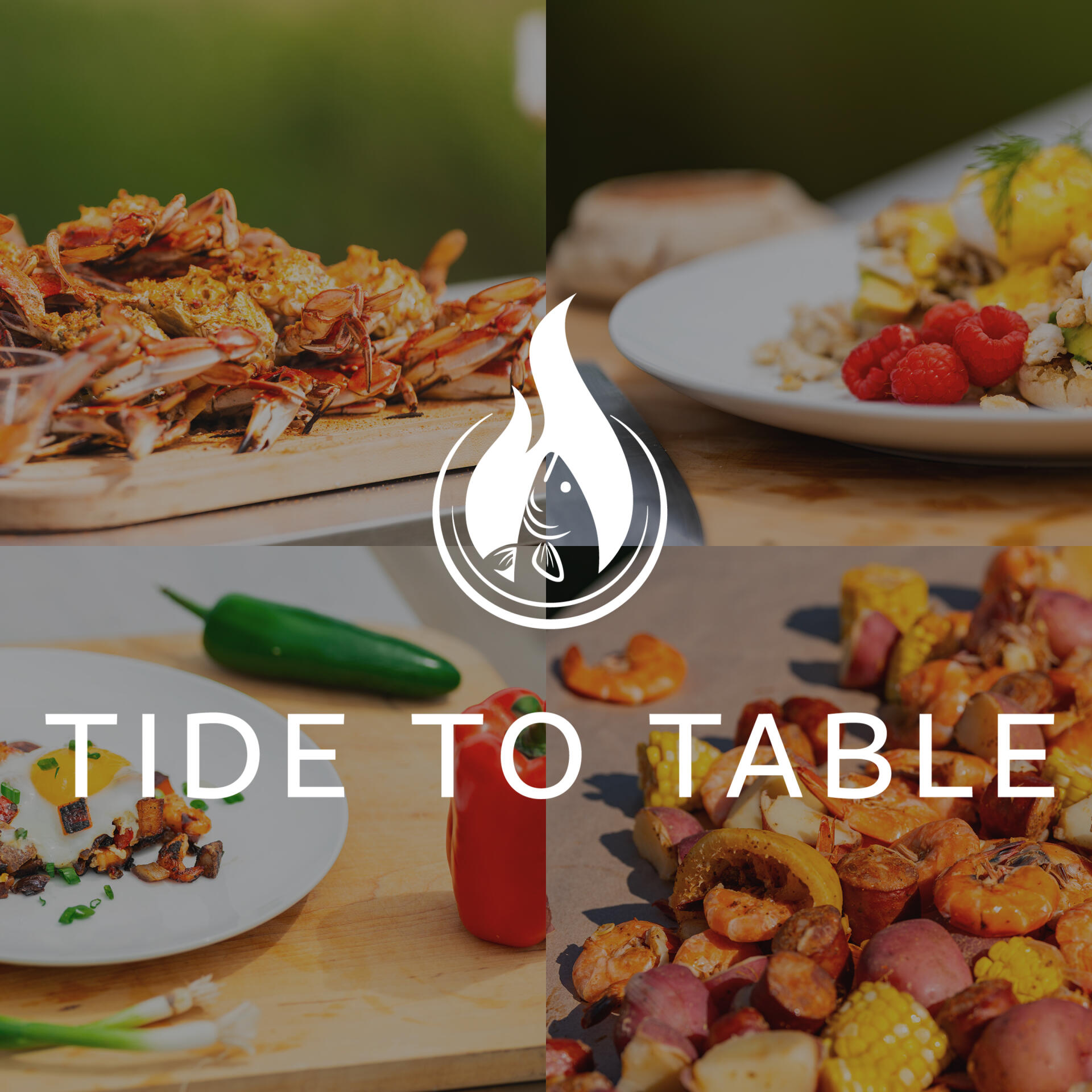 Fresh seafood and produce dishes featuring crabs, corn, and potatoes arranged on plates with Tide to Table branding