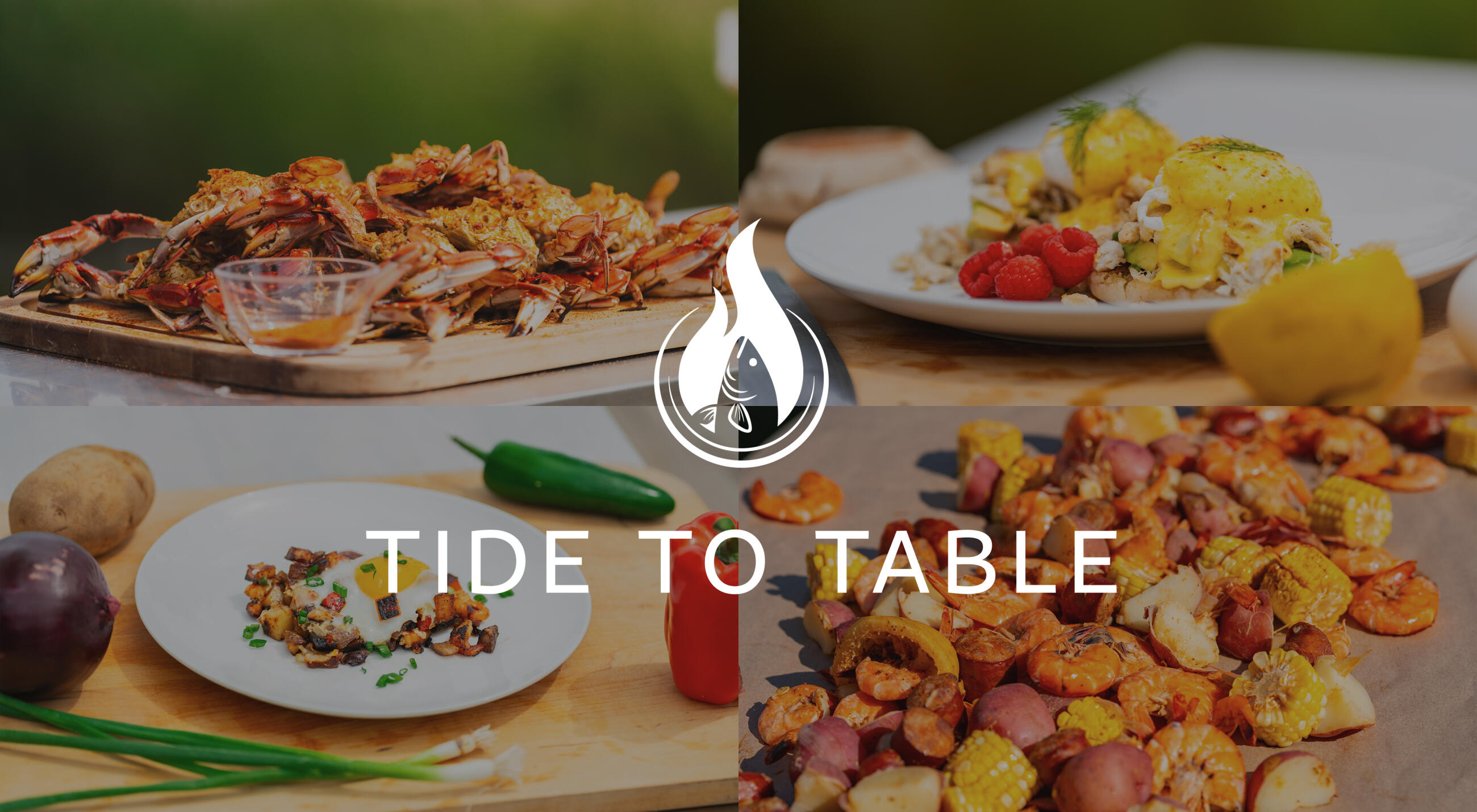 Fresh seafood and produce dishes featuring crabs, corn, and potatoes arranged on plates with Tide to Table branding