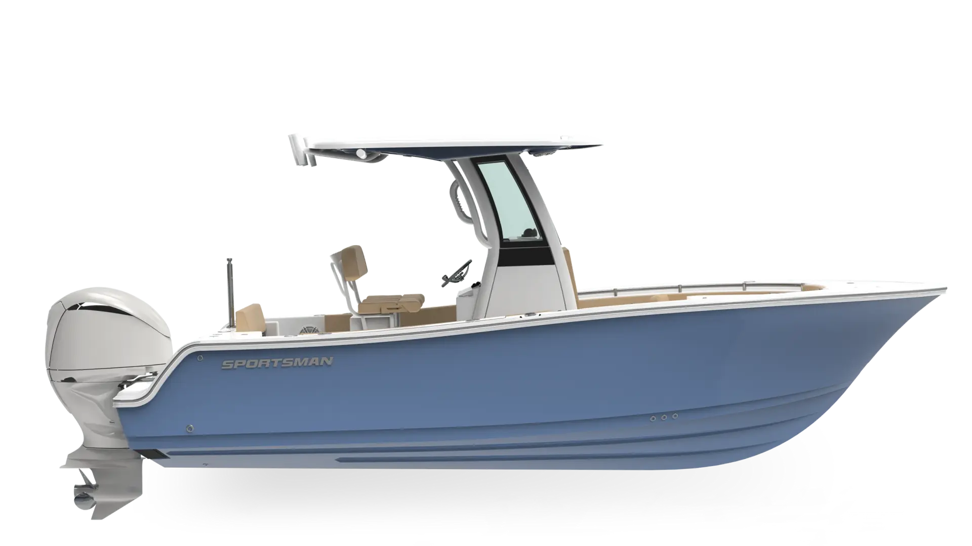 Blue Sportsman center console boat with hard-top, twin outboard engines, and tan seating viewed from the side