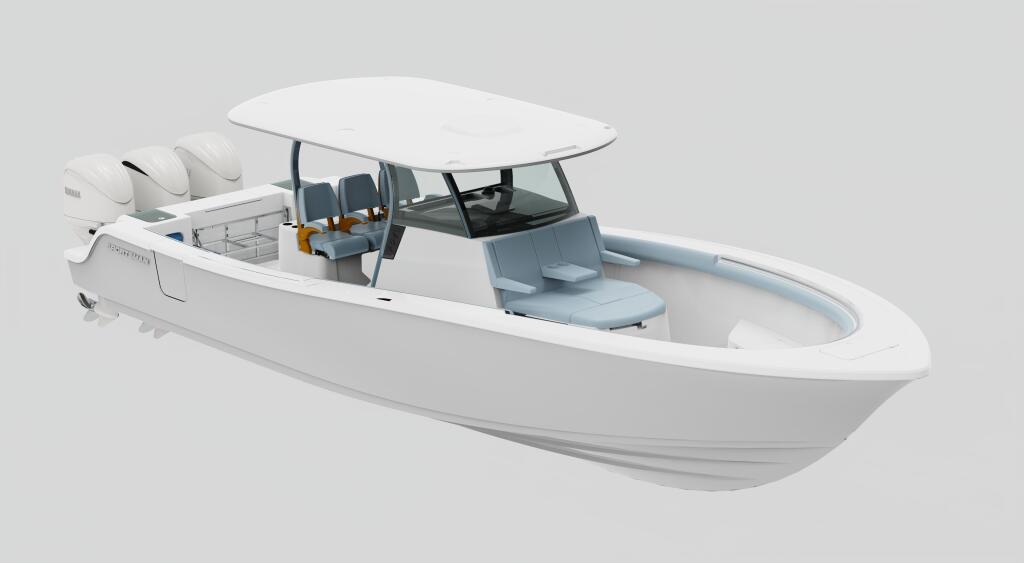 White center console sportfish boat with hard-top, blue seating, and helm station in 3D studio render
