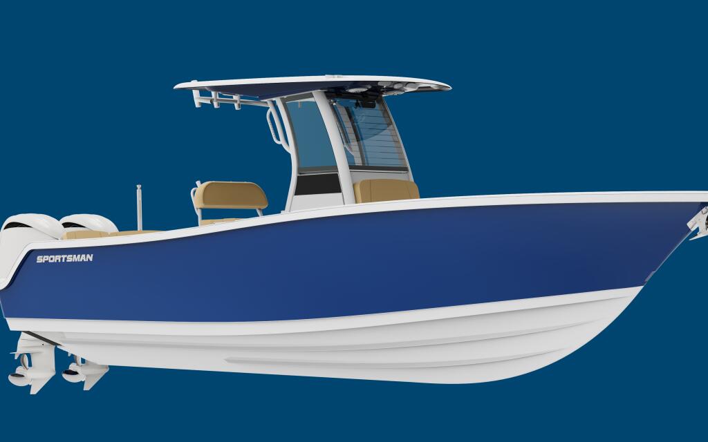 Sportsman center console boat with hard-top, dual outboard engines, and tan helm seating