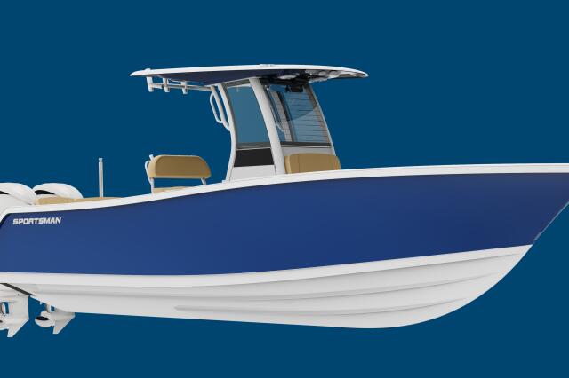 Sportsman center console boat with hard-top, dual outboard engines, and tan helm seating