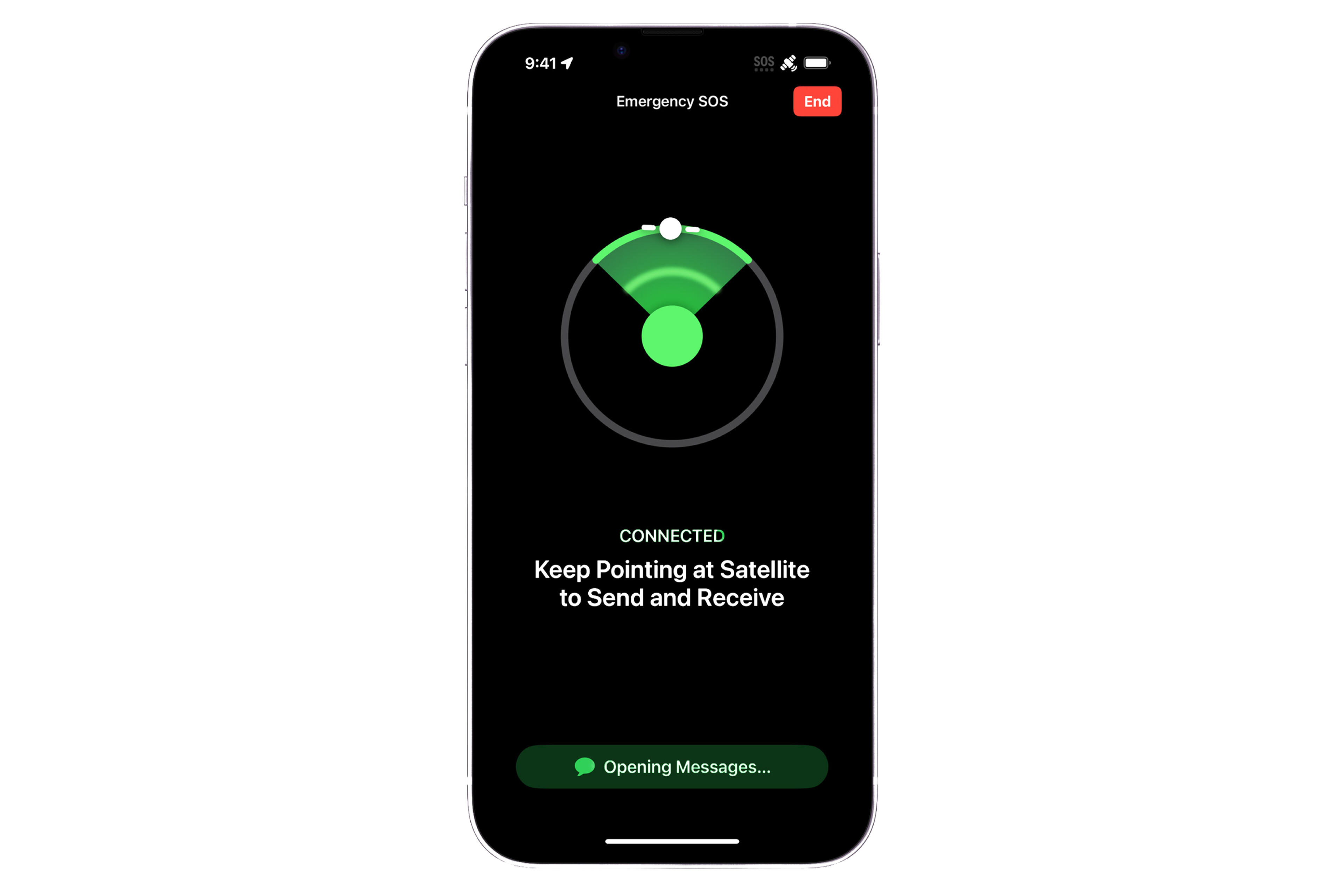 iPhone displaying Emergency SOS satellite connection screen with green signal indicator and instruction to point at satellite