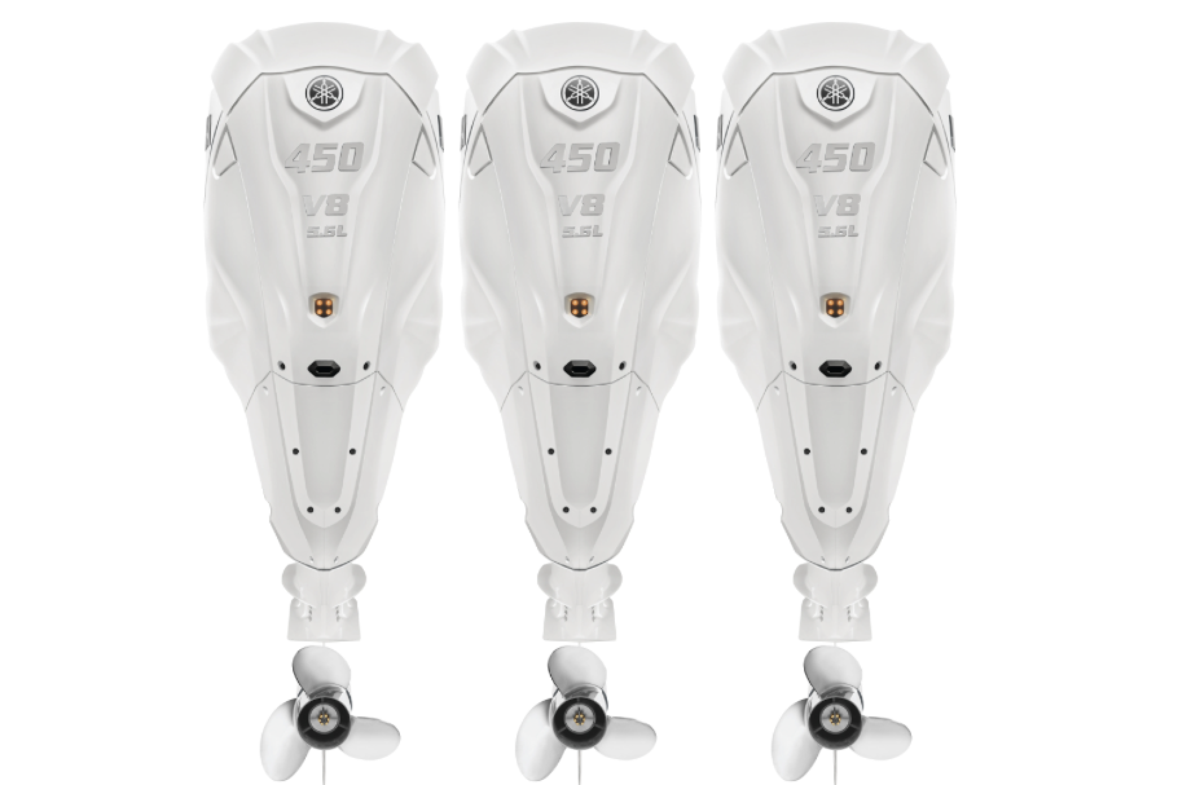 Three white 450 horsepower Yamaha V8 outboard engines shown from above with matching propellers