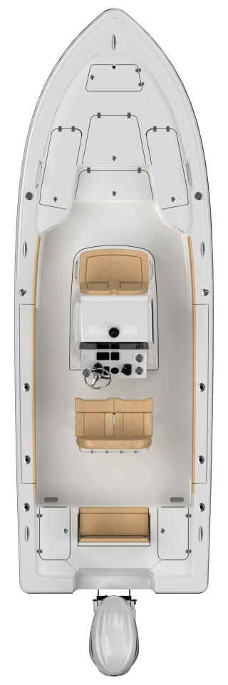 Overhead view of 247M bay boat showing helm, seating layout, and storage without cushions