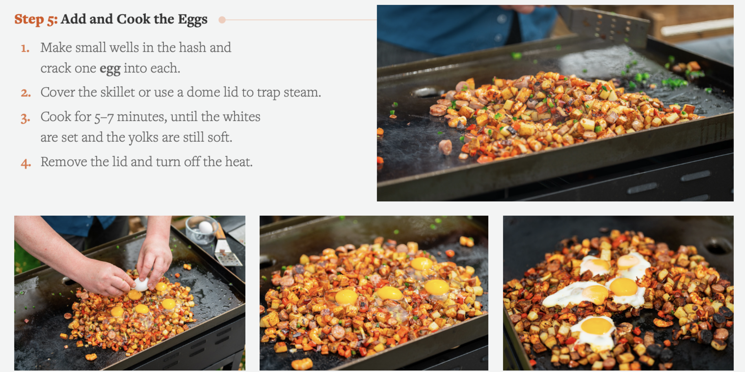 Cooking eggs on a griddle with diced potatoes and vegetables as part of a hash breakfast recipe