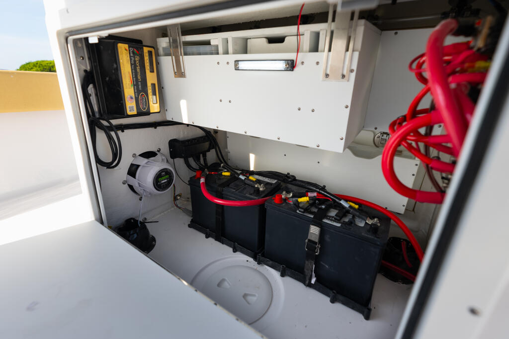 Boat engine compartment with dual batteries, charger, and red power cables mounted on white panel