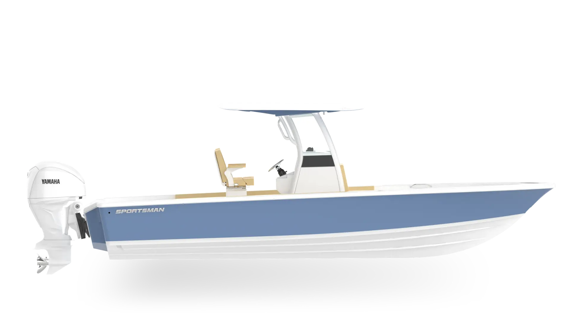 Sportsman center console fishing boat with Yamaha outboard engine shown in profile view