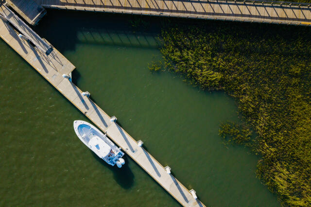 Aerial view of a white and blue boat docked at a wooden pier beside mangroves
