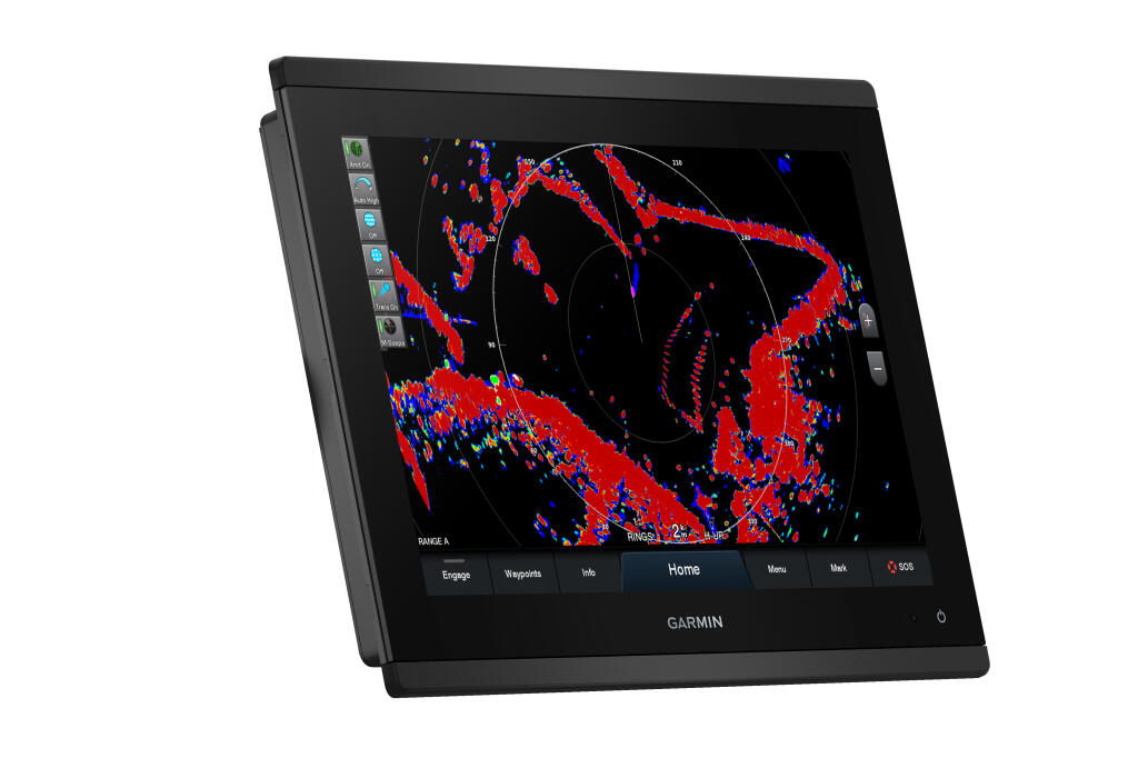 Garmin GPSMAP marine display showing radar and navigation data with red and blue returns on black screen