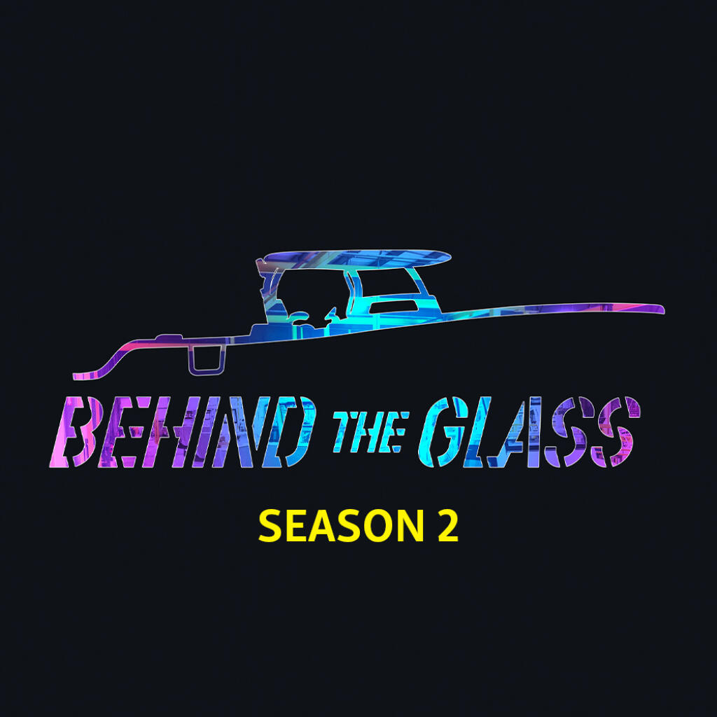 Neon-styled fishing boat illustration with 'Behind the Glass' Season 2 title on black background