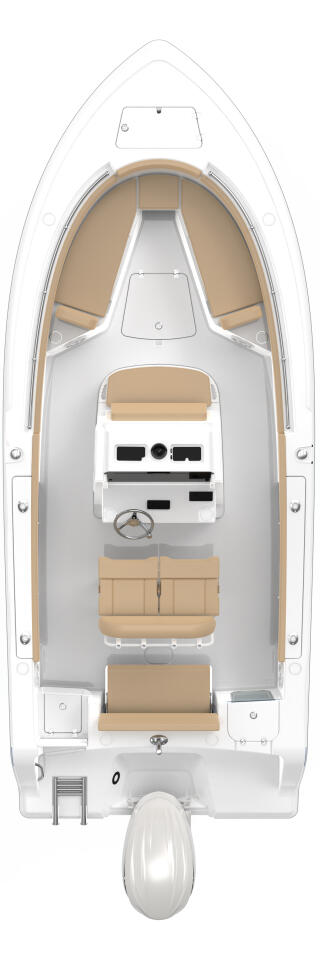 Overhead view of center console boat layout with helm, seating, and storage areas