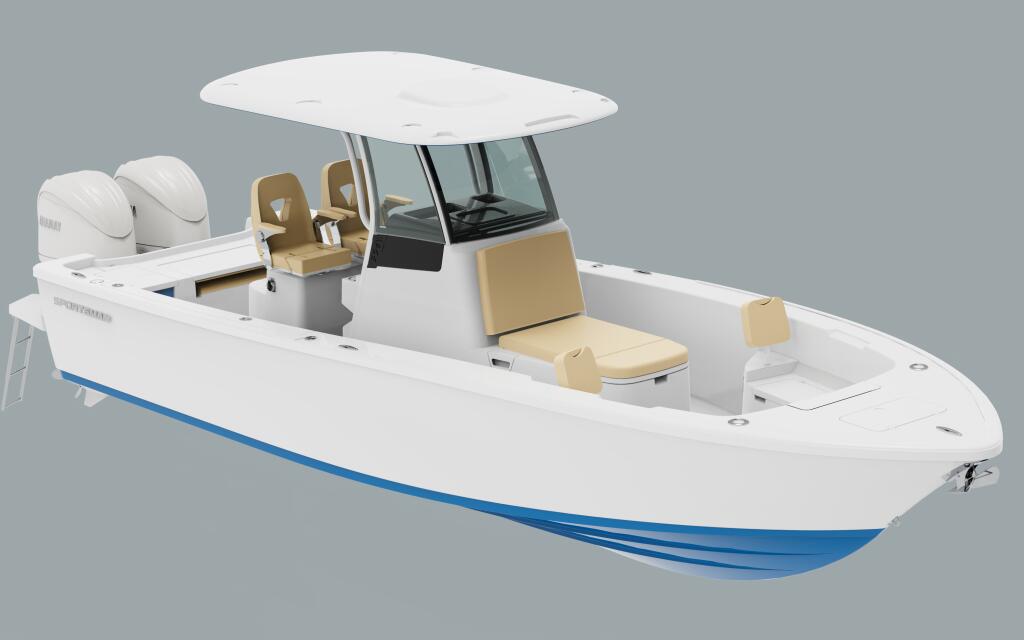 White and blue center console fishing boat with tan seating, hard-top canopy, and dual outboard engines, shown in profile view