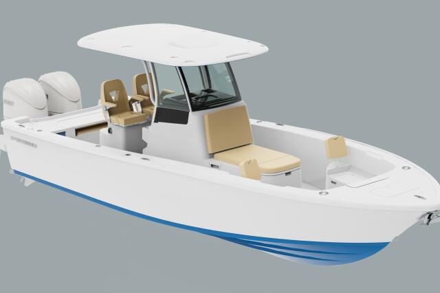 White and blue center console fishing boat with tan seating, hard-top canopy, and dual outboard engines, shown in profile view