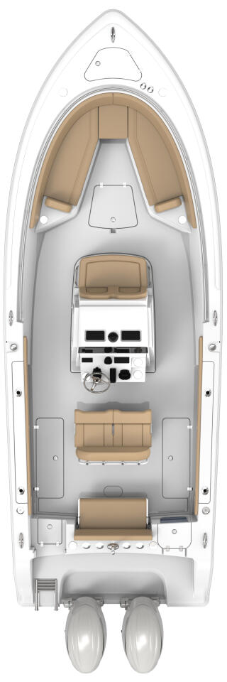 Overhead deck layout of center console boat showing helm, seating, and storage areas