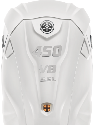 Yamaha 450 V8 5.6L marine engine with tuning fork logo and LED lighting detail