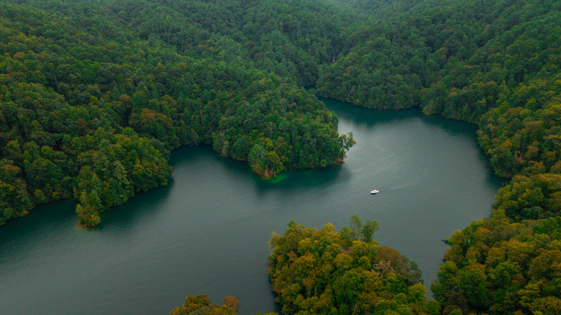 Aerial view of a small boat on a forested lake surrounded by dense green and autumn-toned trees