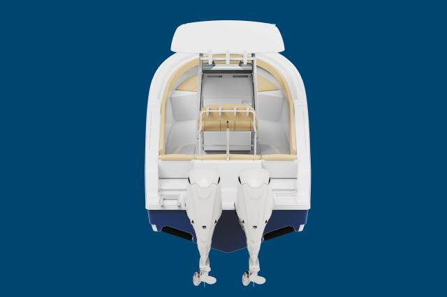 Overhead view of center console boat showing open cabin, beige seating, and twin outboard engines against blue background