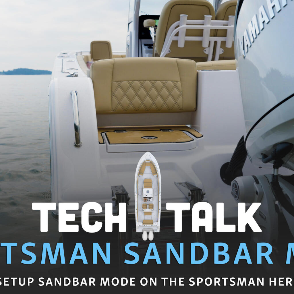 Sportsman Heritage 251 boat docked in calm water with tan quilted seating visible