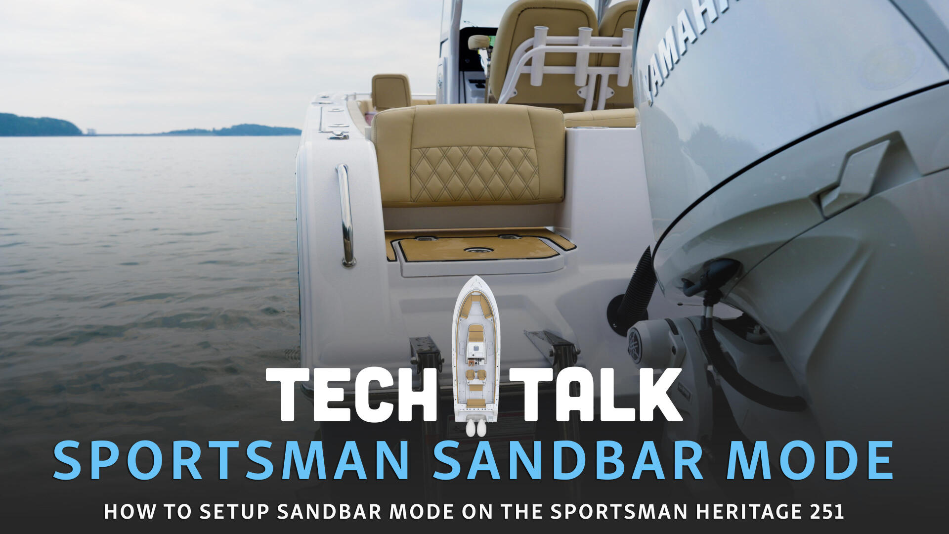 Sportsman Heritage 251 boat docked in calm water with tan quilted seating visible