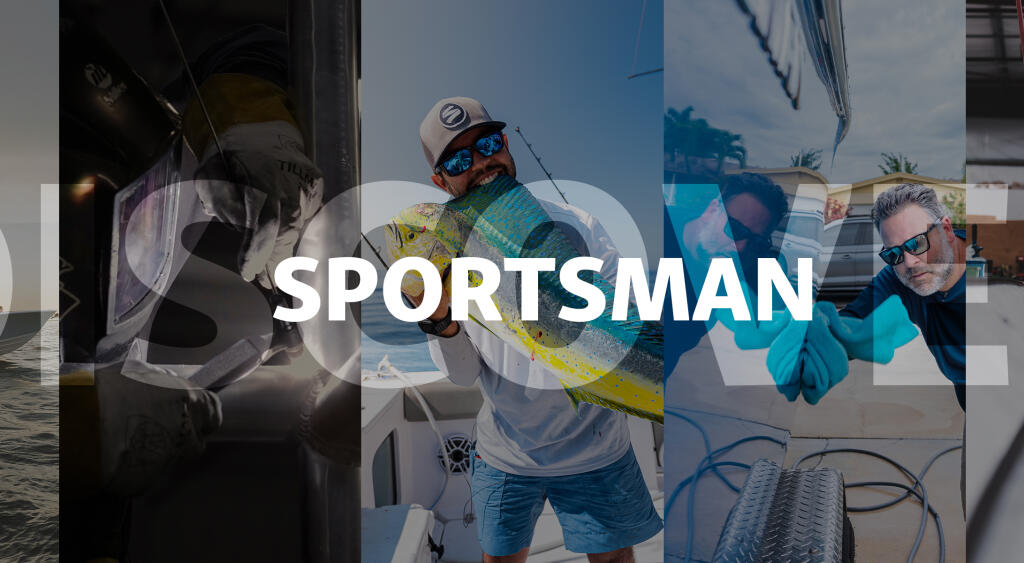 Montage showcasing Sportsman boat features including engine, angler in action, passengers, and onboard systems