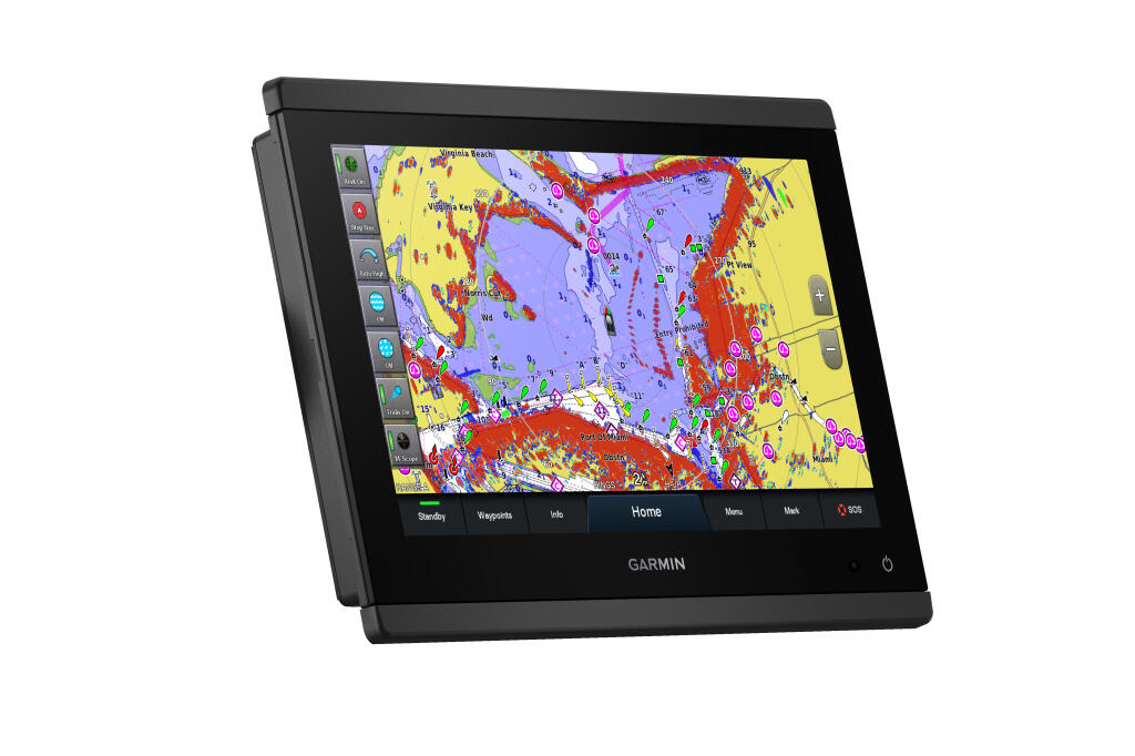 Garmin GPSMAP 943xsv marine GPS chartplotter display showing detailed weather and navigation data