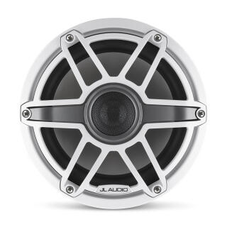 JL Audio marine speaker with white and gray finish, mesh grille, and stainless steel mounting bracket