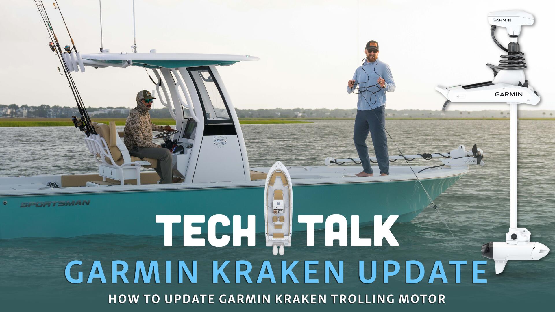 Two anglers on a fishing boat demonstrating Garmin Kraken trolling motor electronics and setup