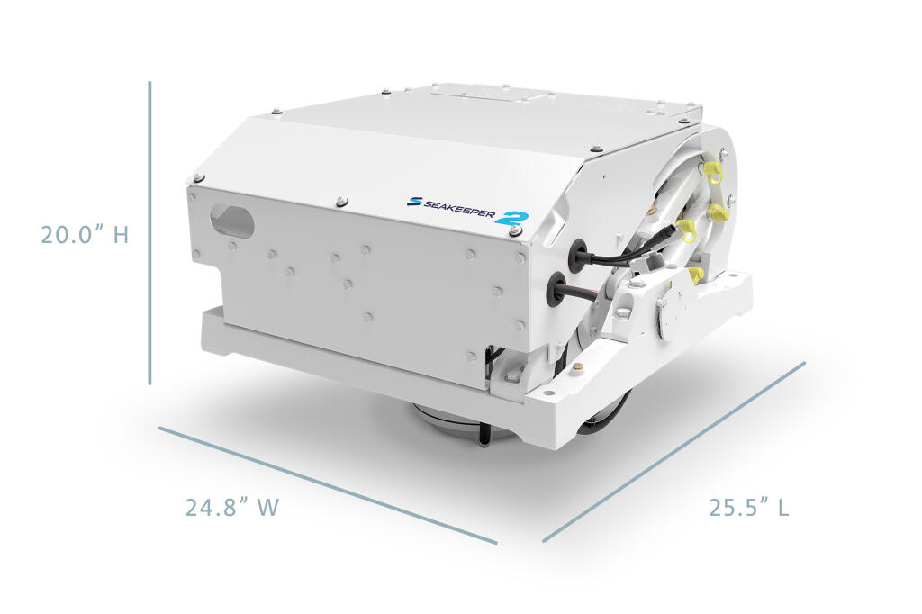 Seakeeper 2 marine stabilizer system with dimension specifications showing 20-inch height, 24.8-inch width, and 25.5-inch length