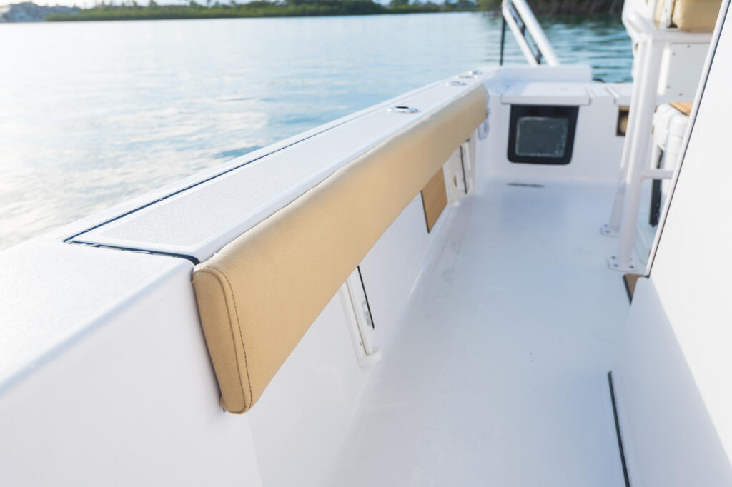 Starboard side of boat cockpit showing tan bolster seating and electronics display with open water and shoreline behind