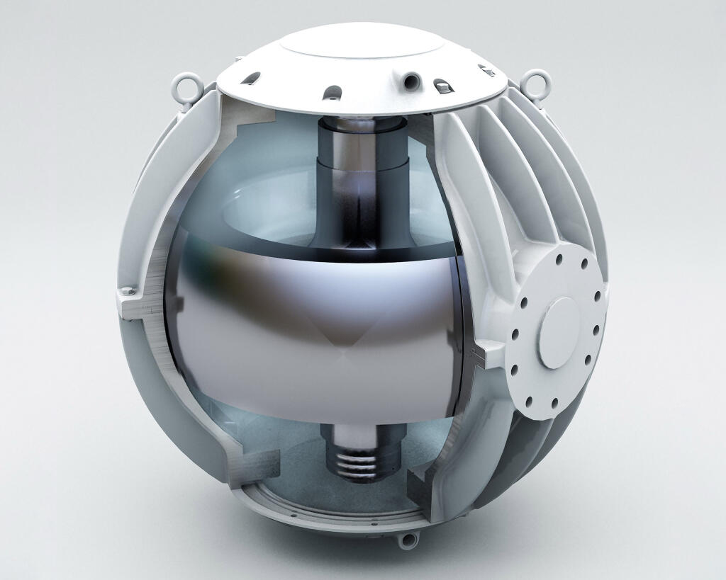 Cutaway view of a spherical gyroscopic stabilization system with internal mechanical components visible
