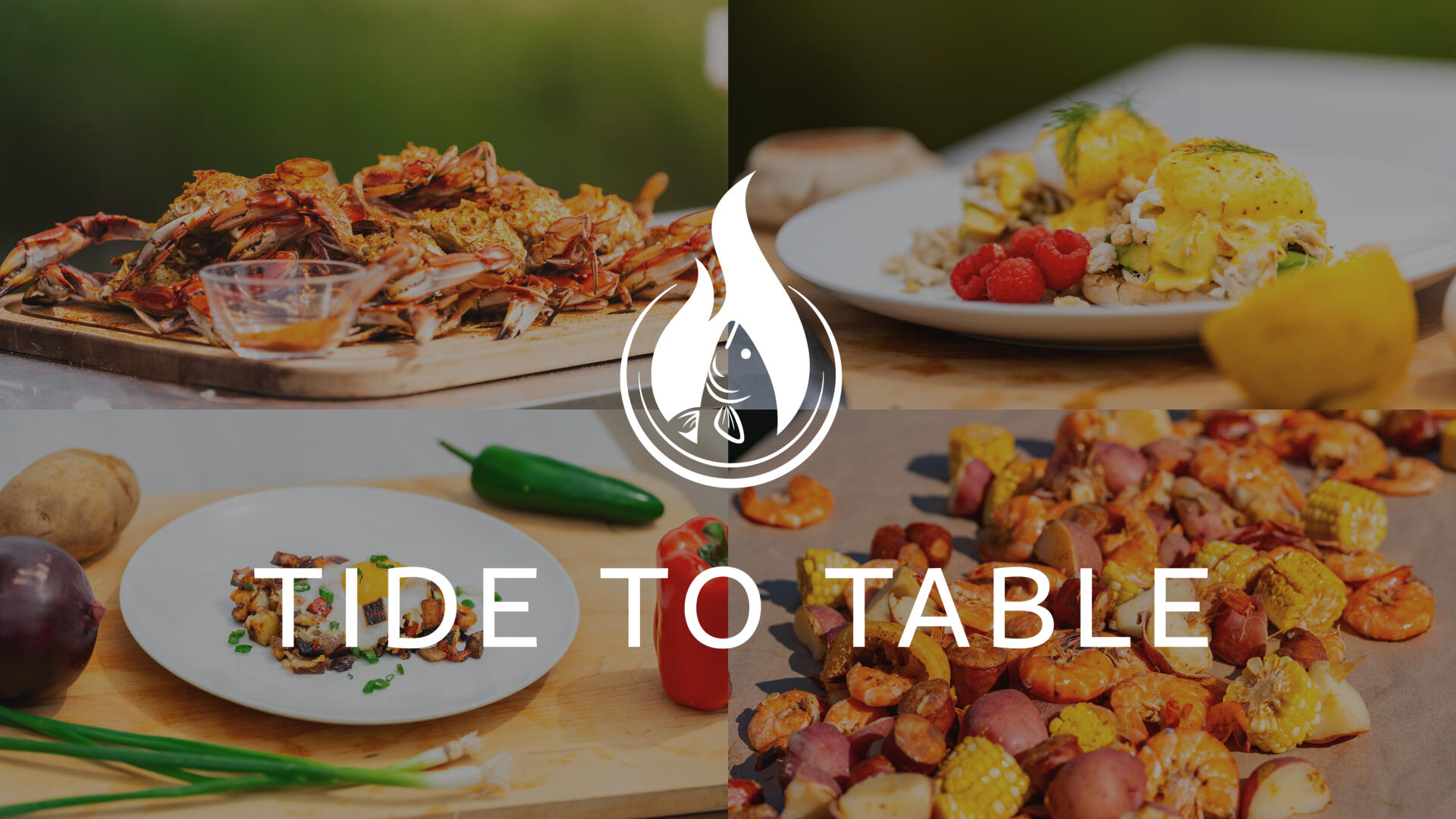 Seafood dishes and fresh ingredients arranged with Tide to Table branding and logo