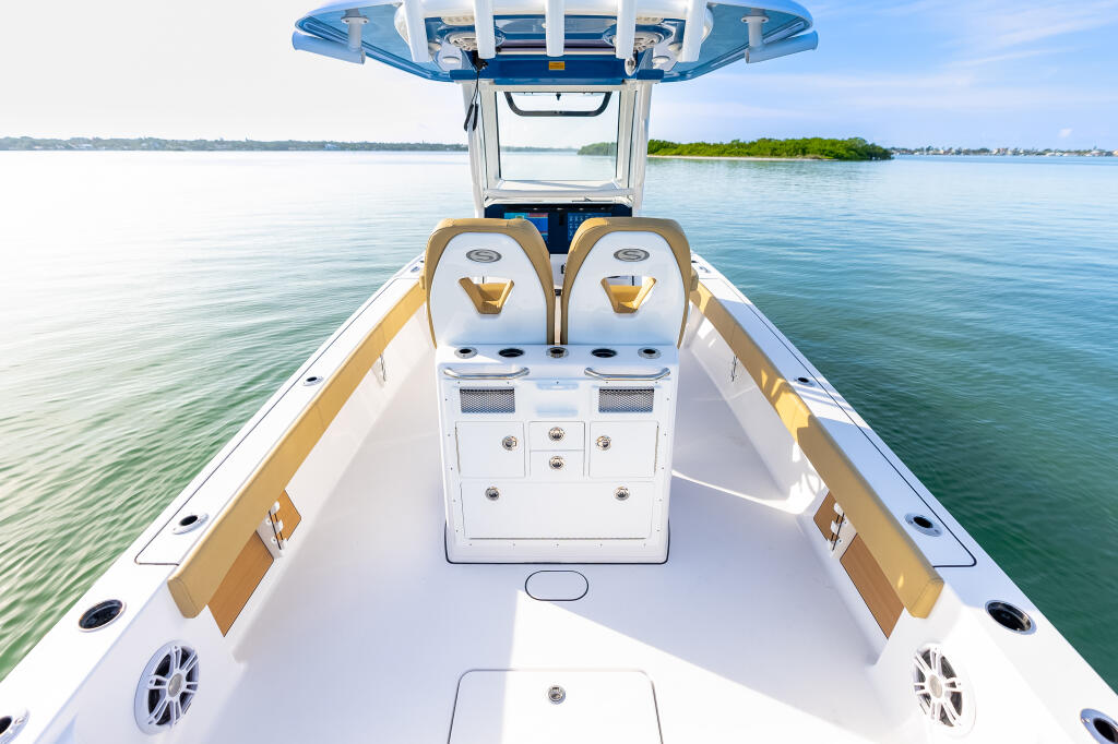 Center console fishing boat with blue hard-top, white hull, and tan accents viewed from stern looking forward on calm water