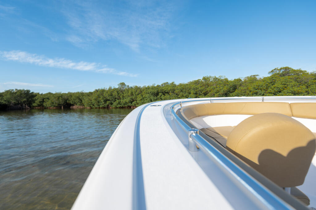 Boat cruising past mangrove shoreline with tan seating and white railings visible along the bow