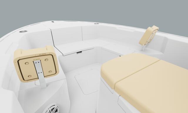 Overhead view of boat cabin interior with cream seating, white walls, and tan hatch covers