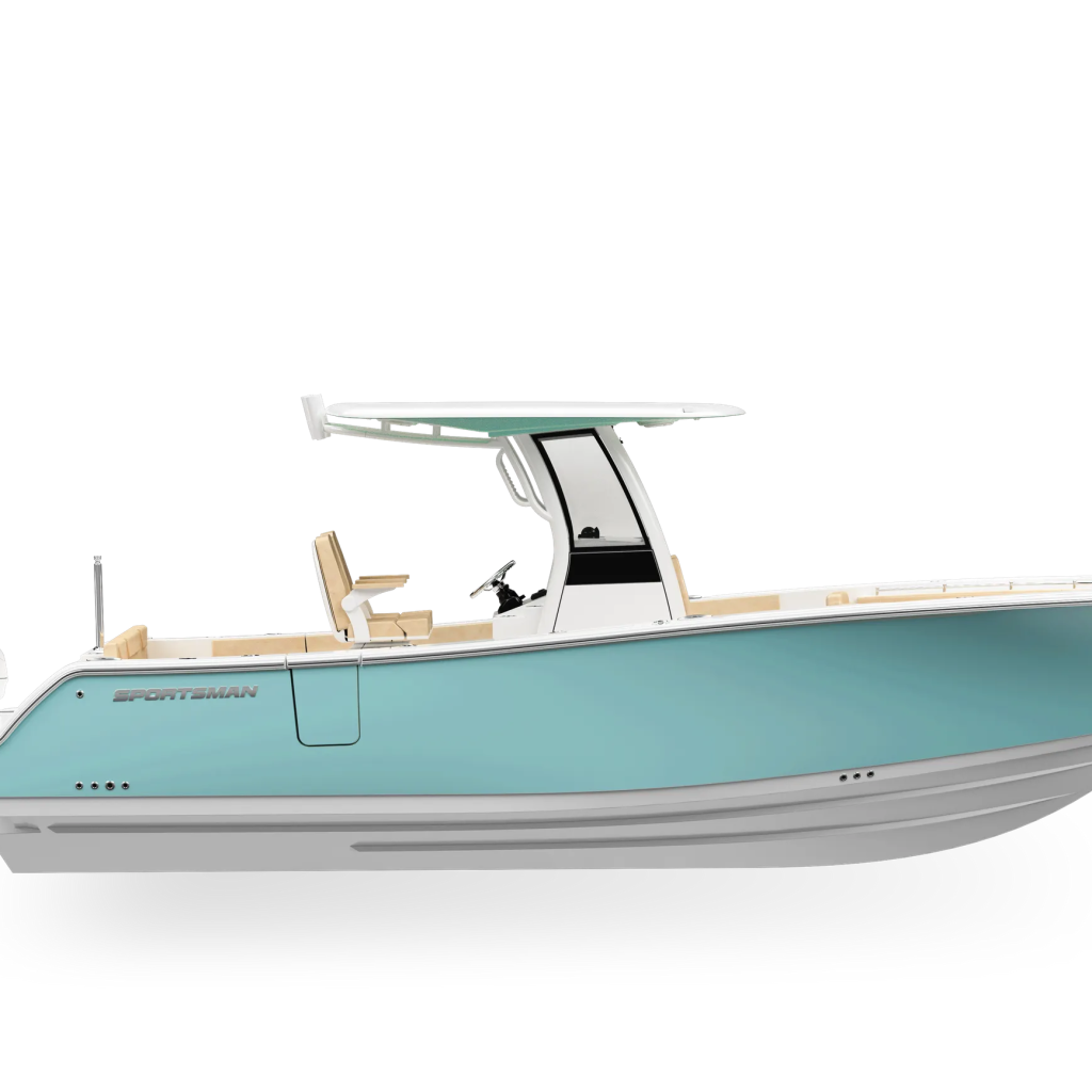 Turquoise and gray sportsman center console boat with white Yamaha outboard engine against white background