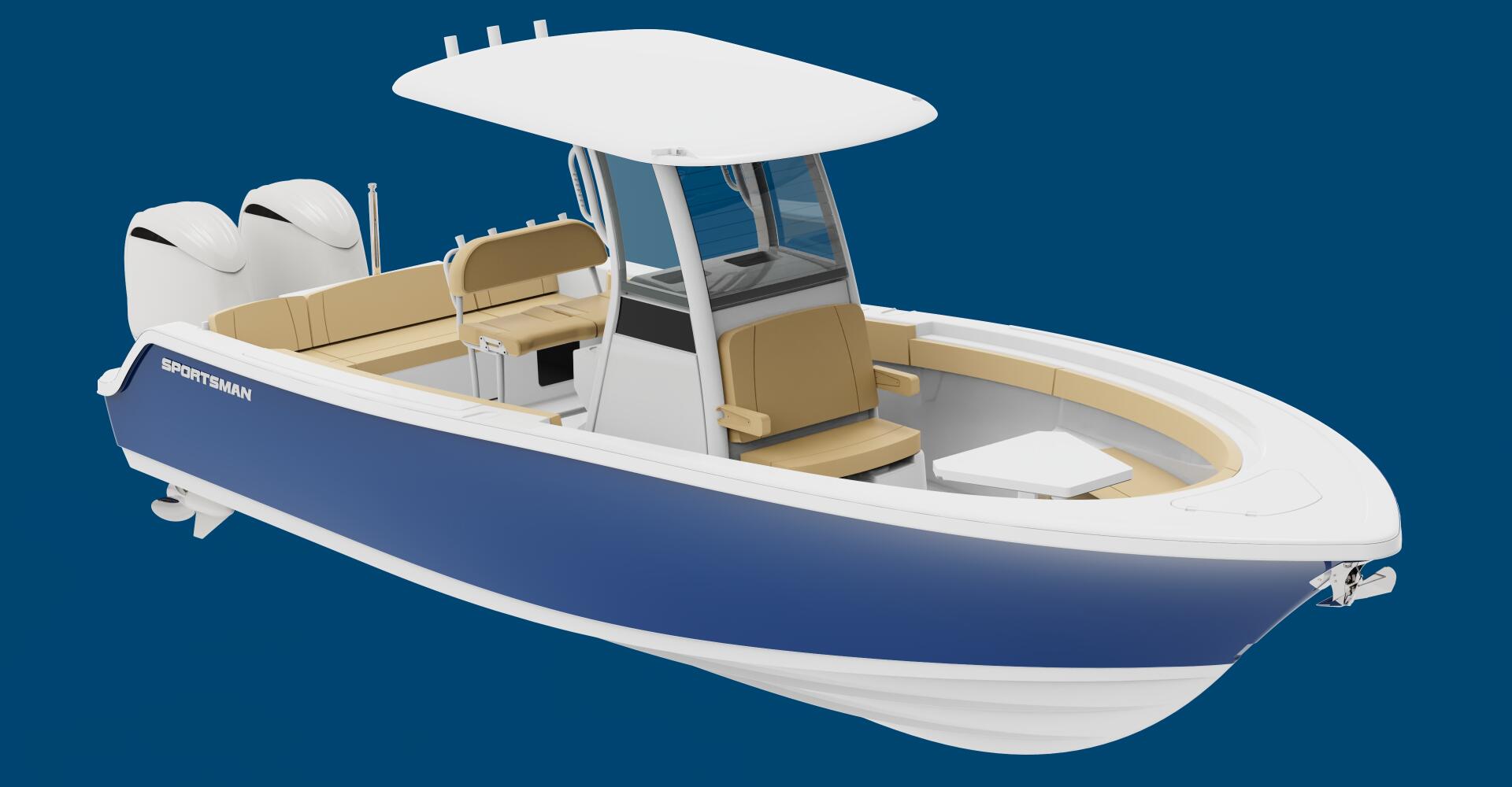Center console fishing boat with tan seating, white hard-top canopy, dual outboard engines, and navy blue hull against blue background