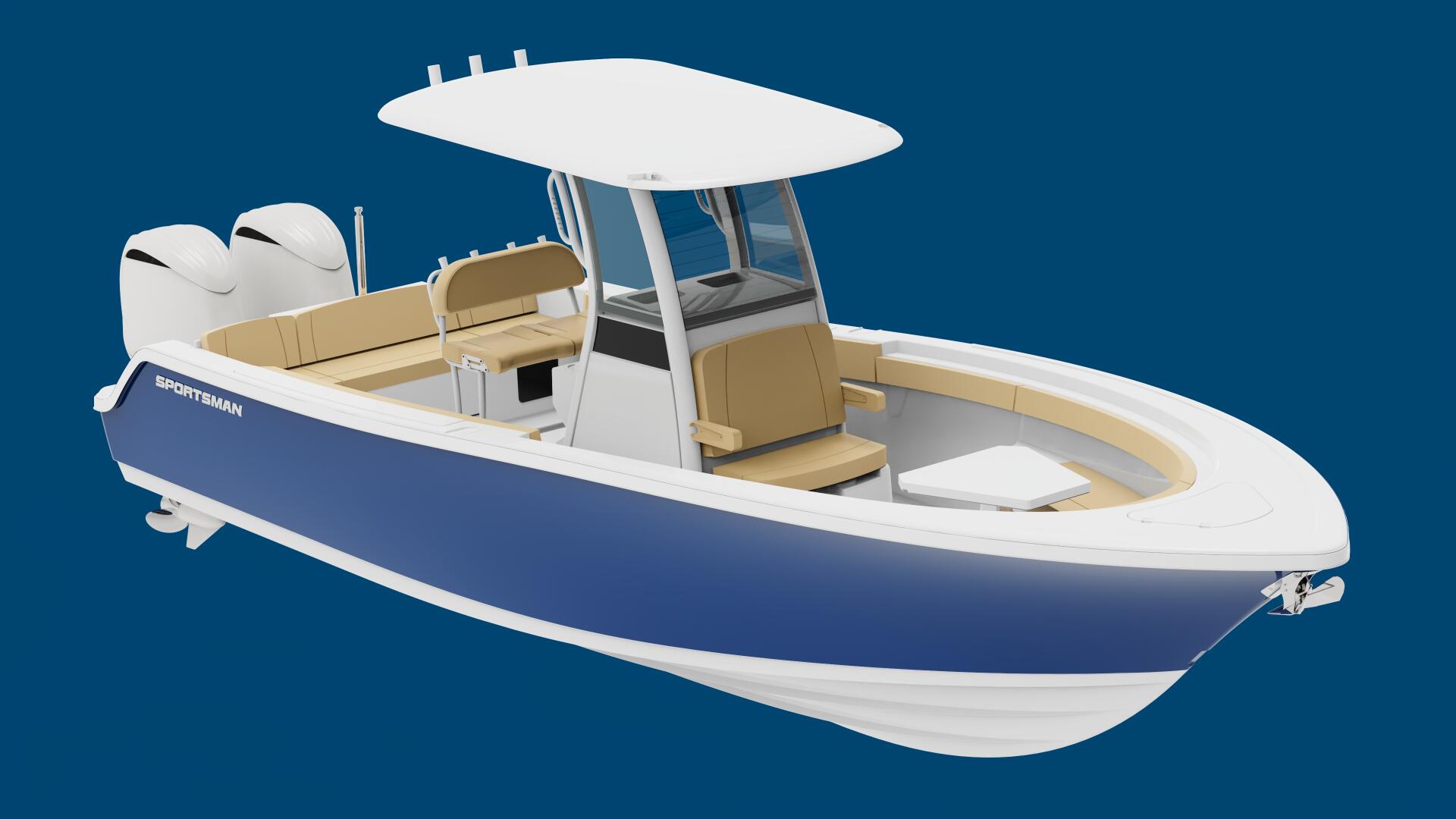 Center console fishing boat with tan seating, white hard-top canopy, dual outboard engines, and navy blue hull against blue background