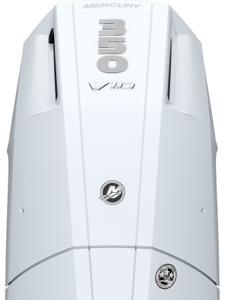 Mercury 350 V10 outboard engine with white cowling and badging, overhead view